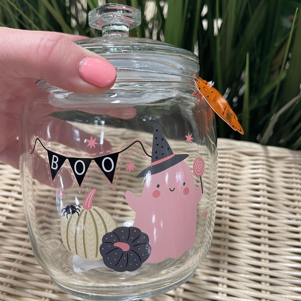 Pink Halloween Ghost Witch W/CandyGlass Candy jar/Treat Jar with Lid NEW